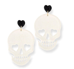 Black and White Acrylic Glitter Heart Skulls
